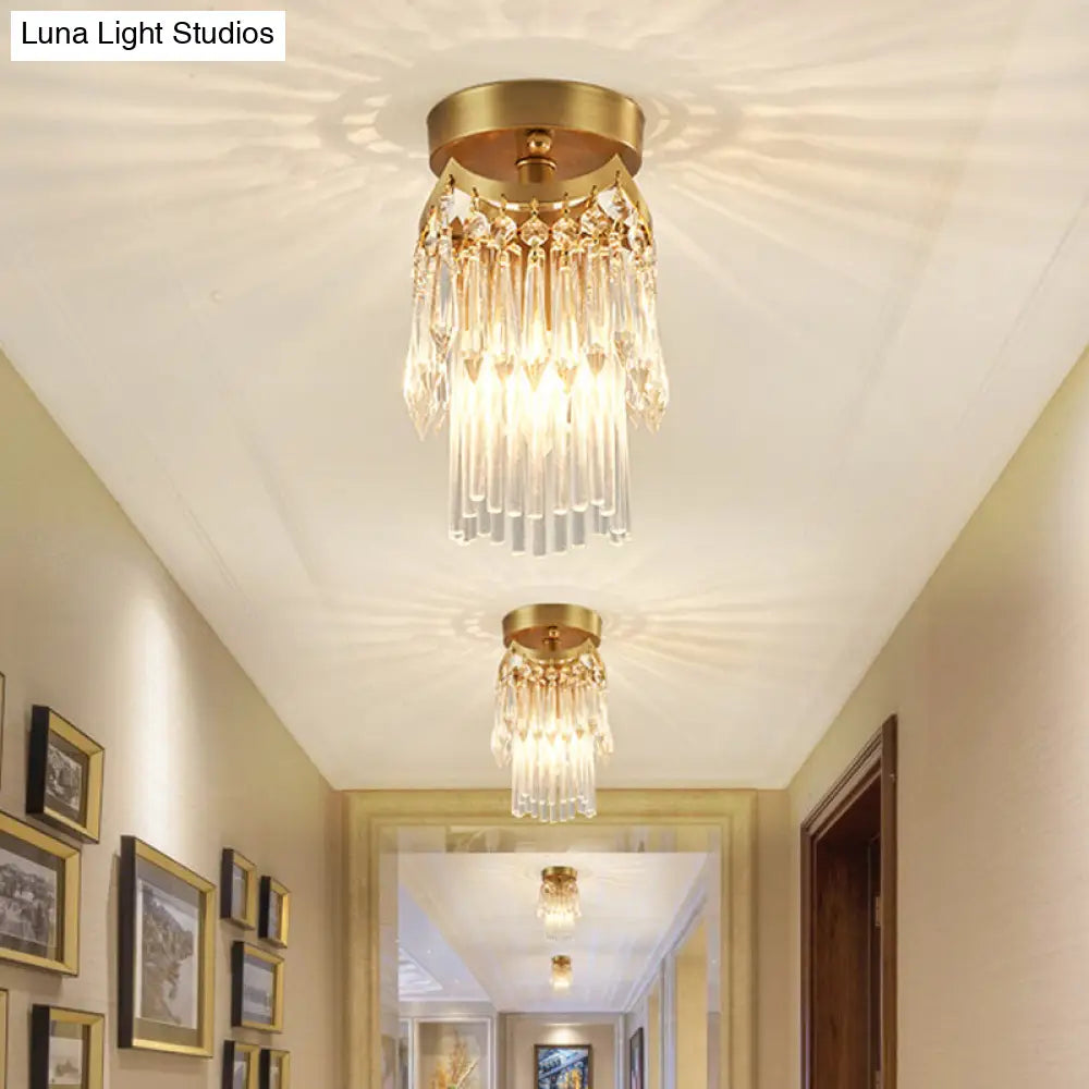 Modern Brass Cylinder Ceiling Light With Crystal Accents - Ideal For Corridor