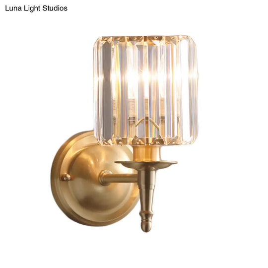 Modern Brass Cylinder Wall Light Sconce With Crystal Shade - 1/2 Lights Metal Mount