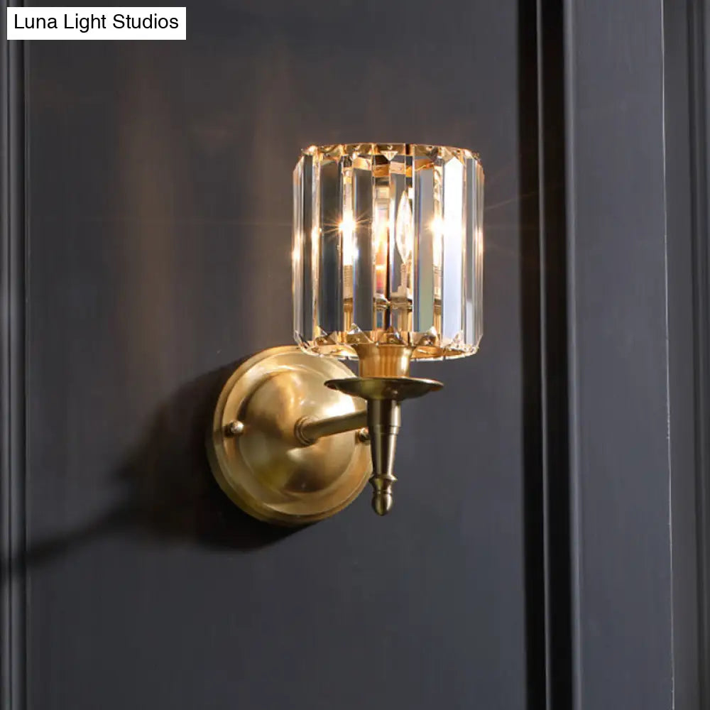 Modern Brass Cylinder Wall Light Sconce With Crystal Shade - 1/2 Lights Metal Mount