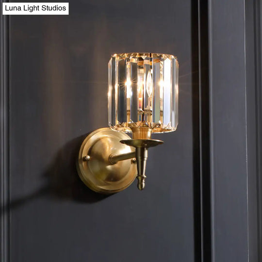 Modern Brass Cylinder Wall Light Sconce With Crystal Shade - 1/2 Lights Metal Mount