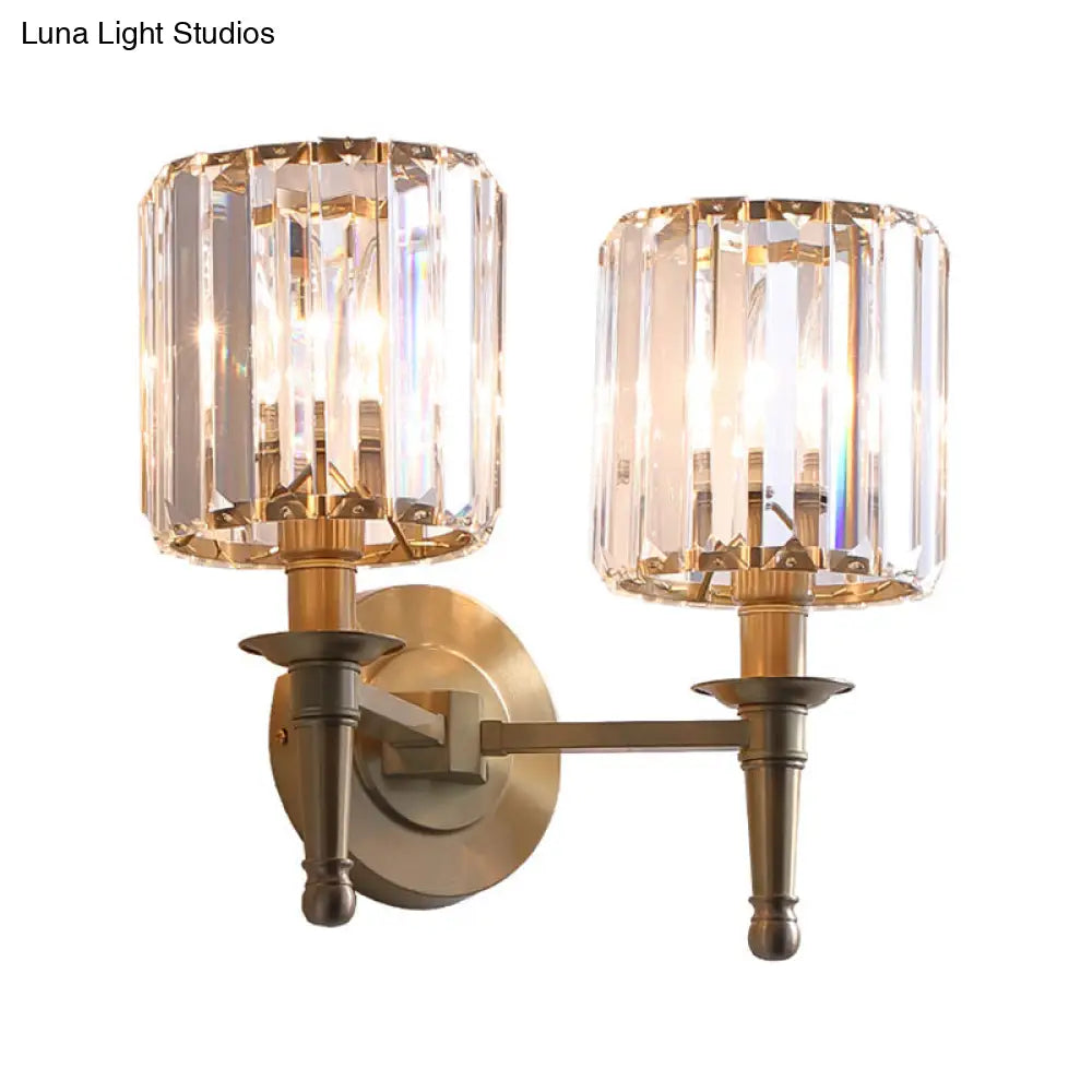 Modern Brass Cylinder Wall Light Sconce With Crystal Shade - 1/2 Lights Metal Mount