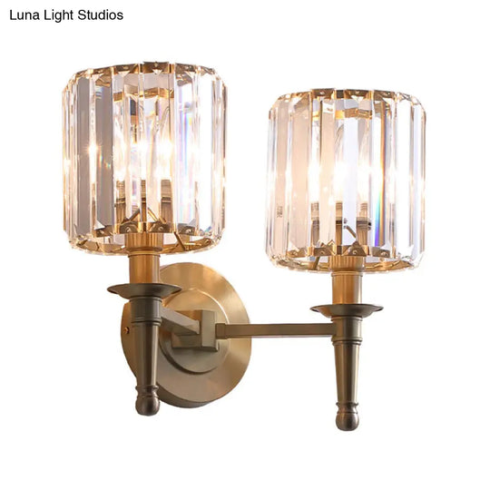 Modern Brass Cylinder Wall Light Sconce With Crystal Shade - 1/2 Lights Metal Mount
