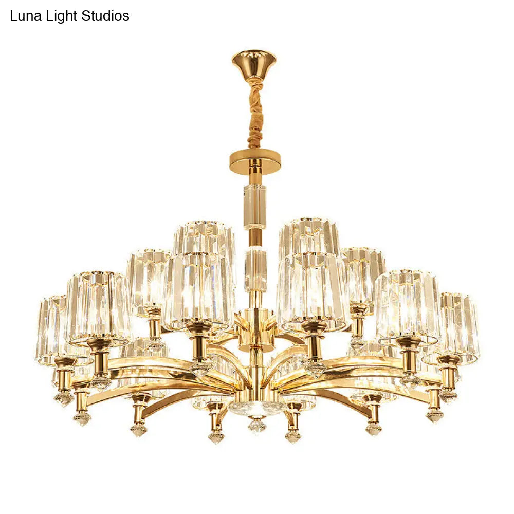 Modern Brass Cylindrical Crystal Chandelier For Living Room