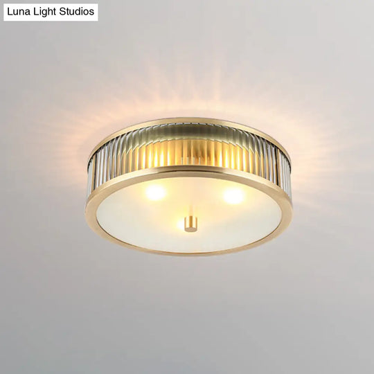 Modern Brass Flush Mount Ceiling Light Simplicity Drum Shape Ribbed Clear Glass For Bedroom 3 /
