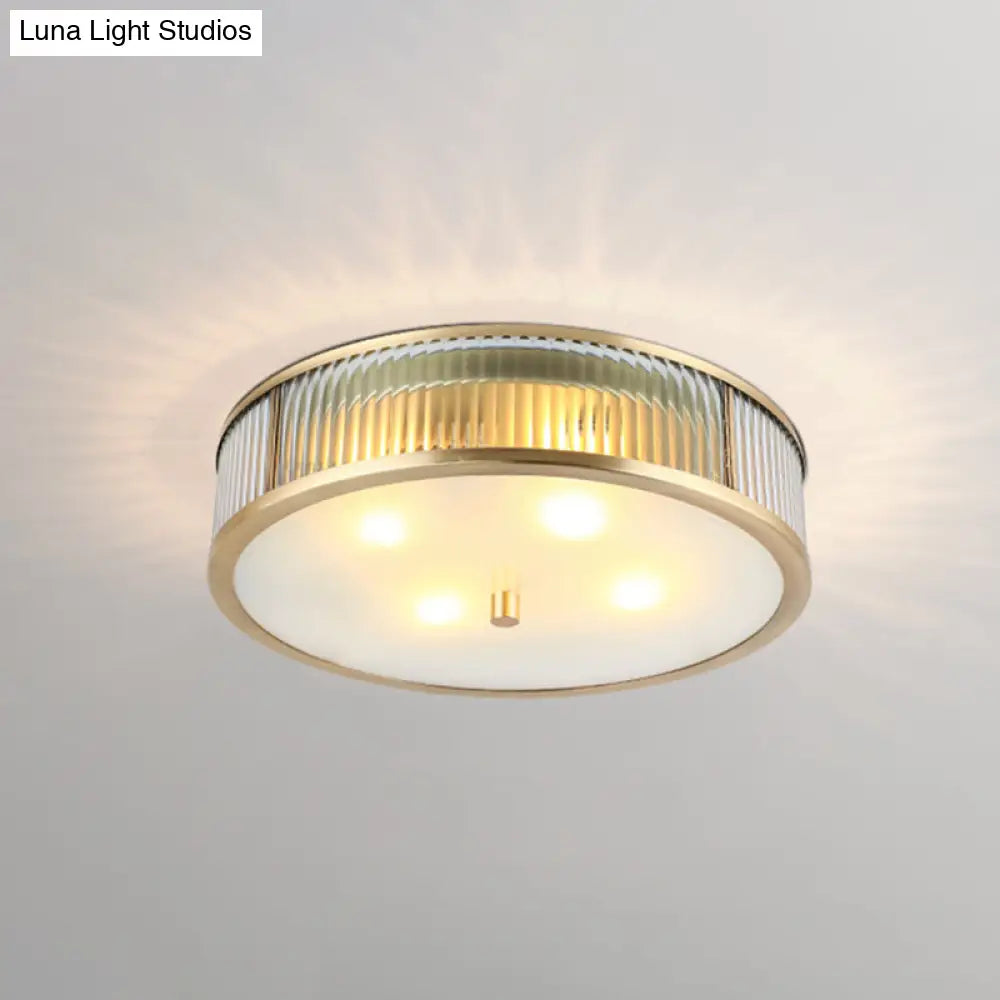 Modern Brass Flush Mount Ceiling Light – Simplicity Drum Shape Ribbed Clear Glass For Bedroom 4 /
