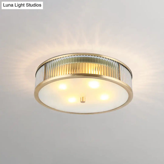 Modern Brass Flush Mount Ceiling Light – Simplicity Drum Shape Ribbed Clear Glass For Bedroom 4 /