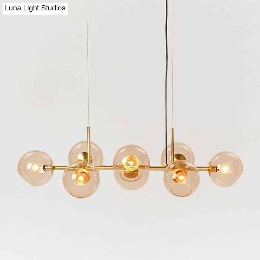 Modern Brass Island Light With Dome Glass Shades - 8-Light Dining Room Suspension Lighting Amber