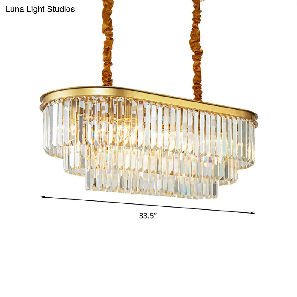 Modern Brass Island Pendant Light With Oval Crystal Shade - 8-Light Dining Room Hanging Lamp Kit