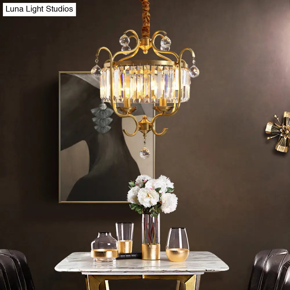 Modern Brass Lantern Chandelier With Crystal Rods - 4 Lights Hanging Light