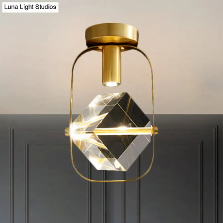 Modern Brass Led Ceiling Flush Mount Crystal Cube Semi Light Fixture