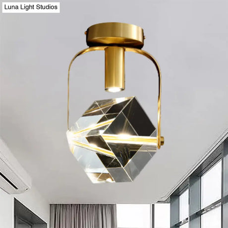 Modern Brass Led Ceiling Flush Mount Crystal Cube Semi Light Fixture