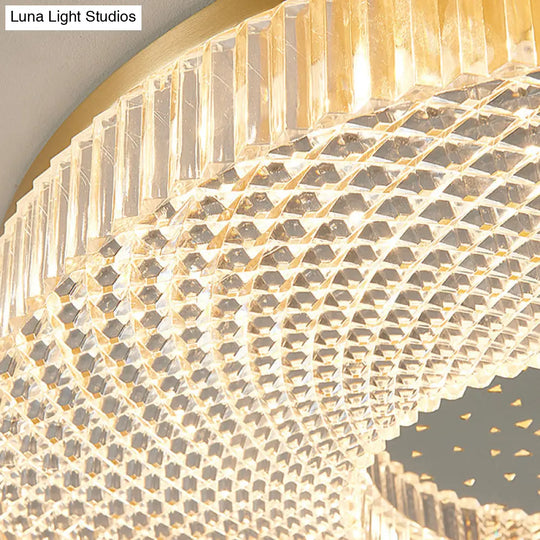 Modern Brass Led Flush Mount Ceiling Light With Crystal Lattice Detail - Minimalist Bedroom Fixture