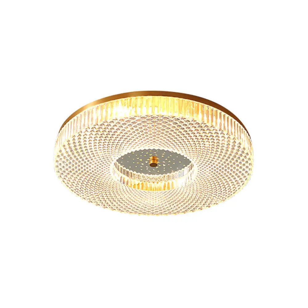 Modern Brass Led Flush Mount Ceiling Light With Crystal Lattice Detail - Minimalist Bedroom Fixture