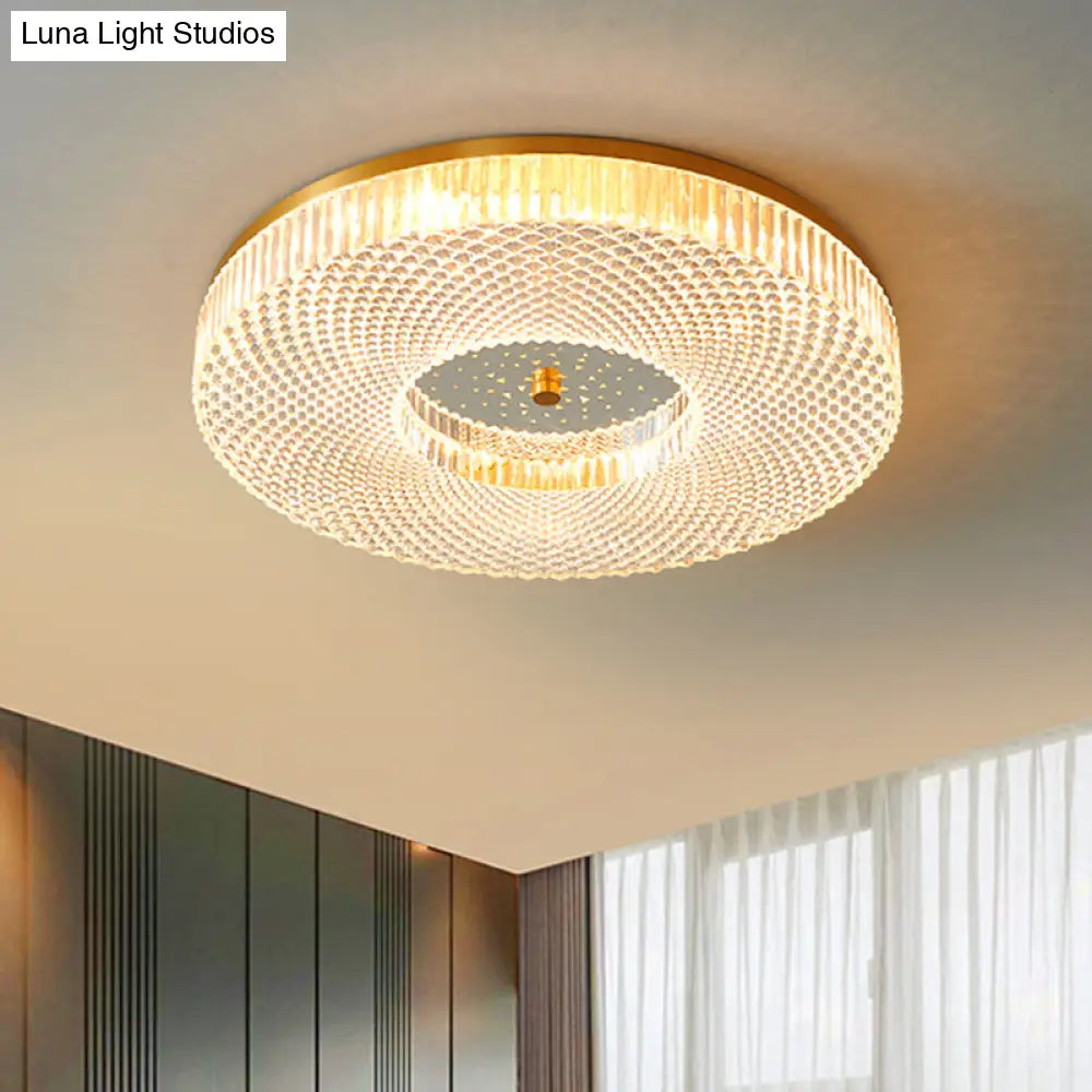 Modern Brass Led Flush Mount Ceiling Light With Crystal Lattice Detail - Minimalist Bedroom Fixture