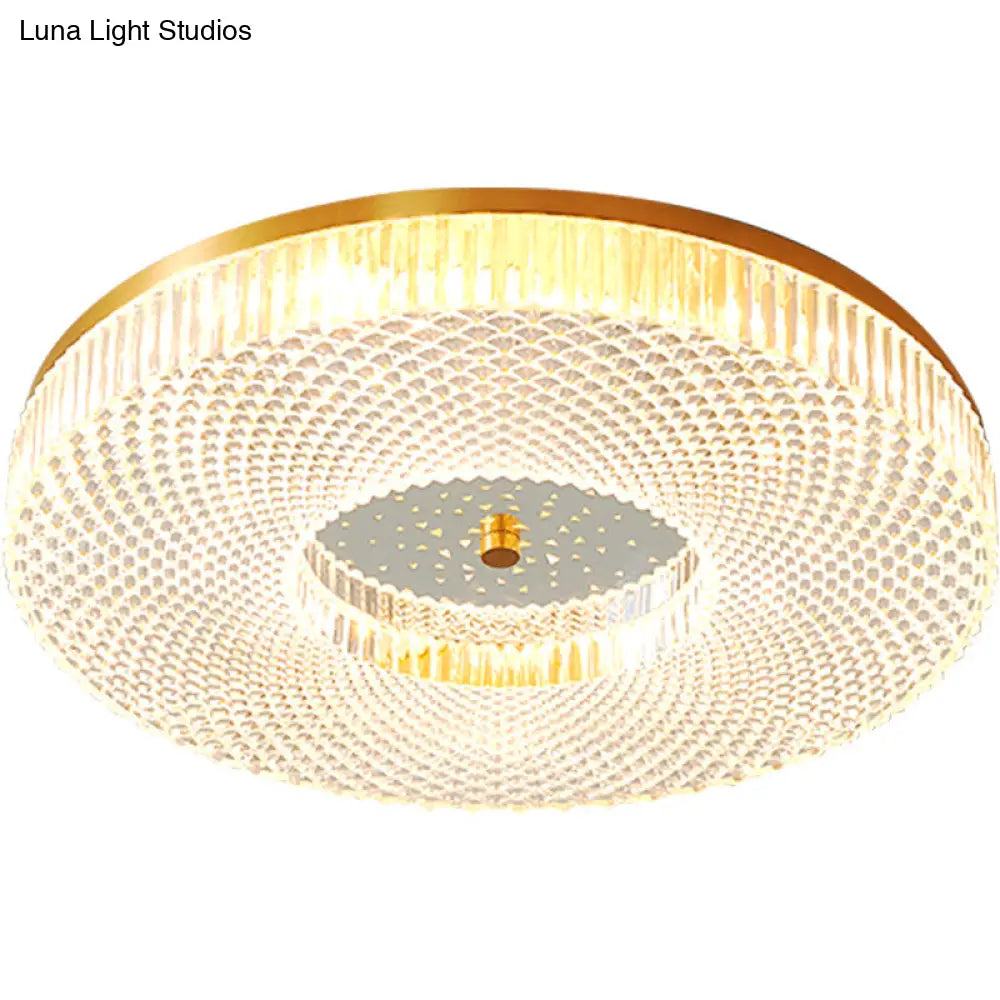 Modern Brass Led Flush Mount Ceiling Light With Crystal Lattice Detail - Minimalist Bedroom Fixture