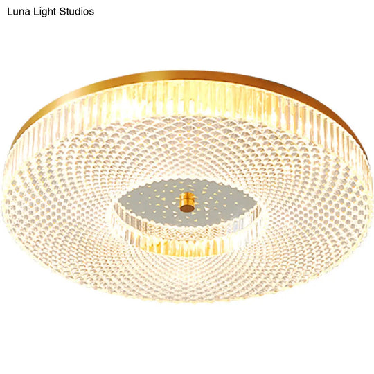 Modern Brass Led Flush Mount Ceiling Light With Crystal Lattice Detail - Minimalist Bedroom Fixture