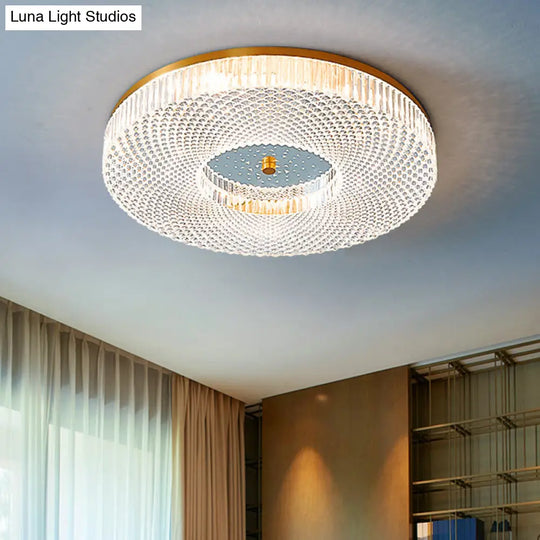 Modern Brass Led Flush Mount Ceiling Light With Crystal Lattice Detail - Minimalist Bedroom Fixture