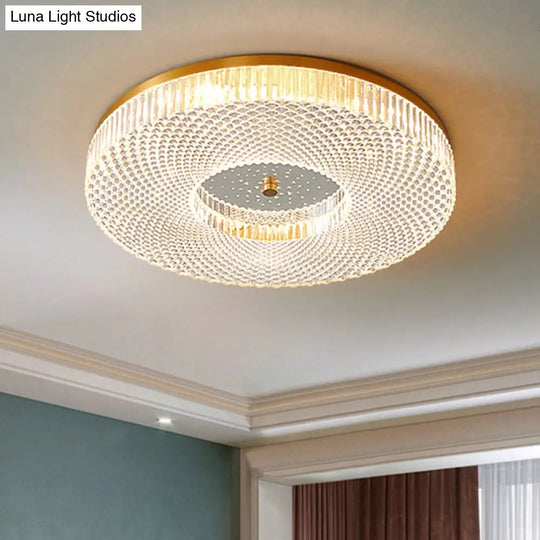 Modern Brass Led Flush Mount Ceiling Light With Crystal Lattice Detail - Minimalist Bedroom Fixture