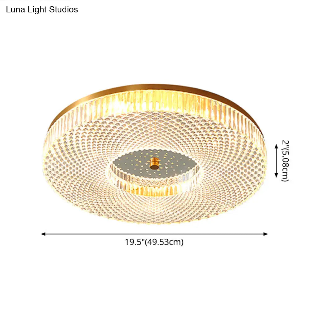 Modern Brass Led Flush Mount Ceiling Light With Crystal Lattice Detail - Minimalist Bedroom Fixture