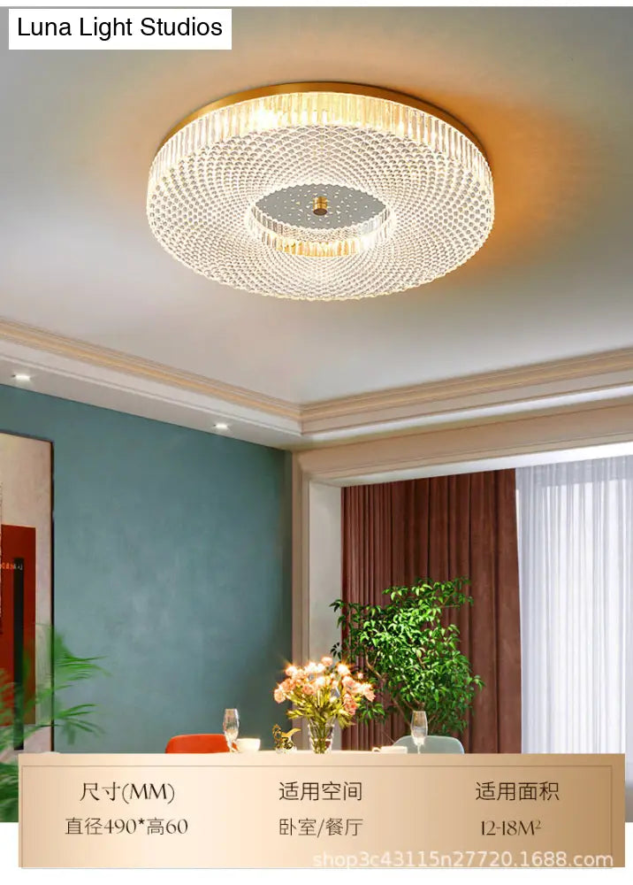 Modern Brass Led Flush Mount Ceiling Light With Crystal Lattice Detail - Minimalist Bedroom Fixture