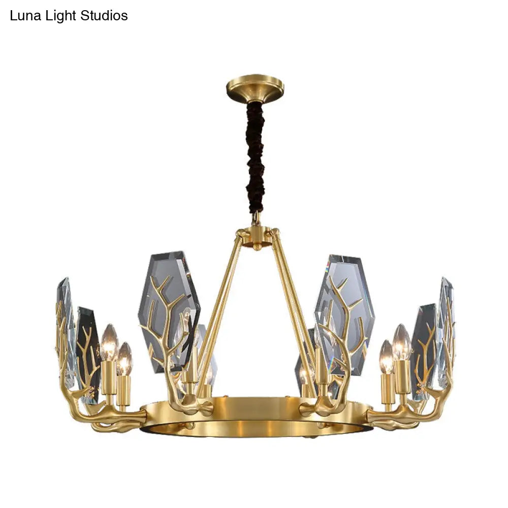 Modern Brass Panel Pendant Chandelier With Crystal Round Hanging Ceiling Lamp - 6/8 Lights