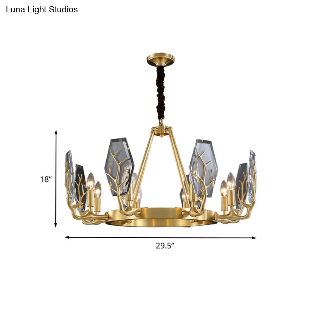 Modern Brass Panel Pendant Chandelier With Crystal Round Hanging Ceiling Lamp - 6/8 Lights