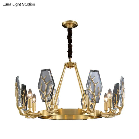 Modern Brass Panel Pendant Chandelier With Crystal Round Hanging Ceiling Lamp - 6/8 Lights
