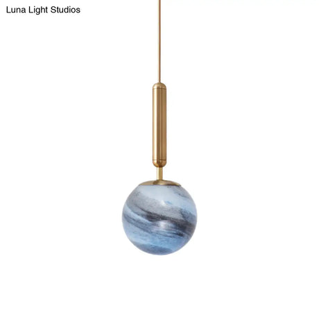 Modern Brass Pendant Bedroom Lamp With Tan/Blue Glass Shade