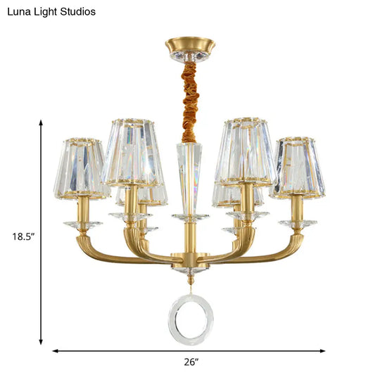 Modern Brass Pendant Light Fixture With Clear Crystal Cone Shade - 6 Chandelier For Bedroom