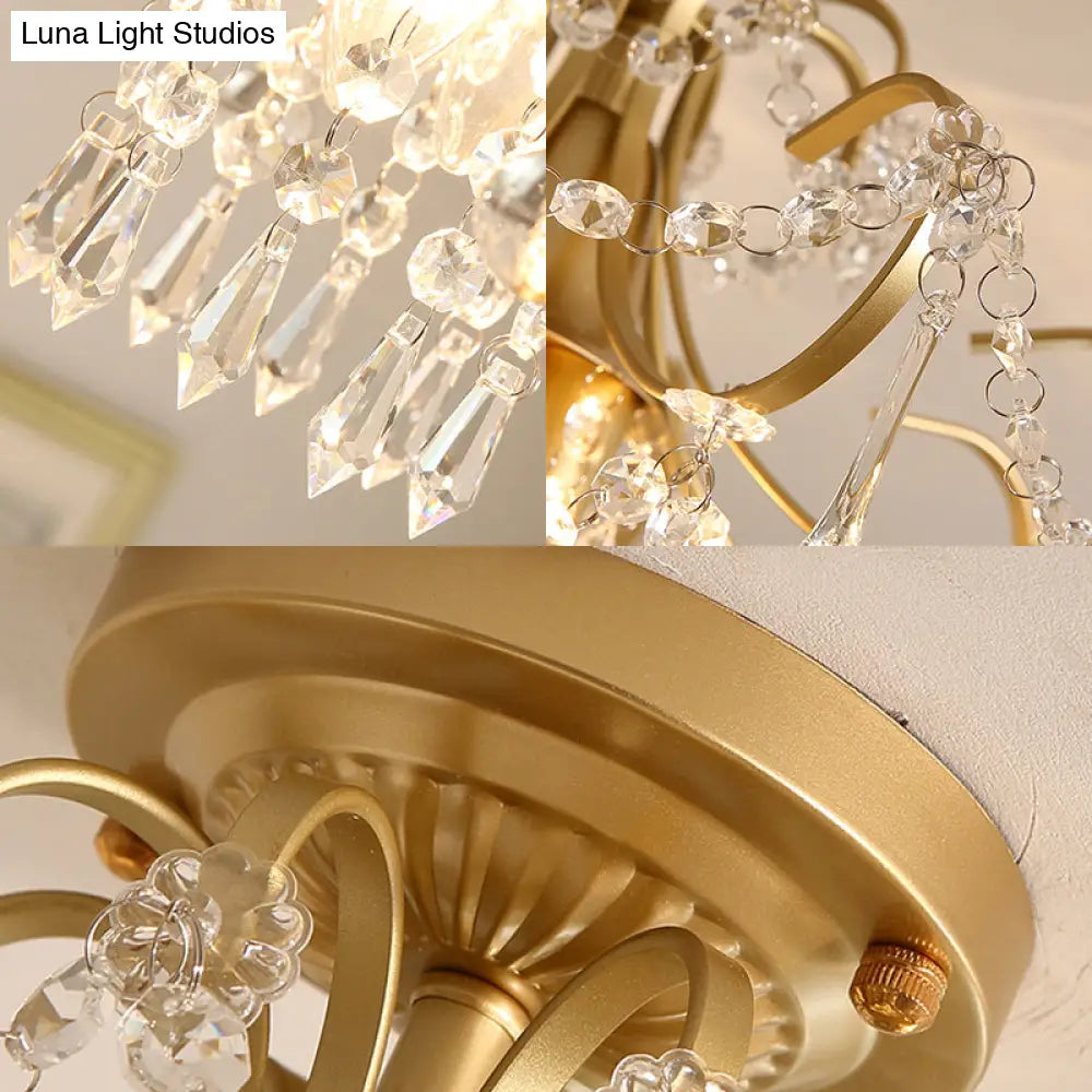 Modern Brass Semi Flush Mount Ceiling Light With Crystal Accent - Curve Arm Design 1/3 Lights