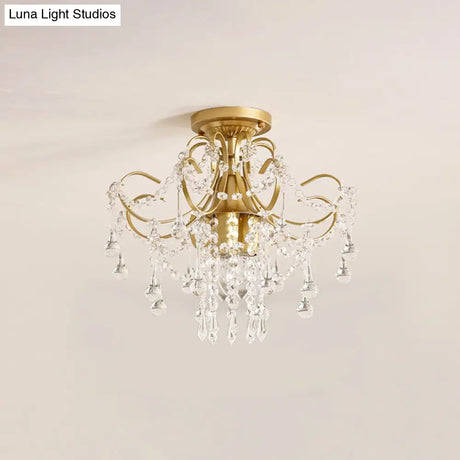 Modern Brass Semi Flush Mount Ceiling Light With Crystal Accent - Curve Arm Design 1/3 Lights