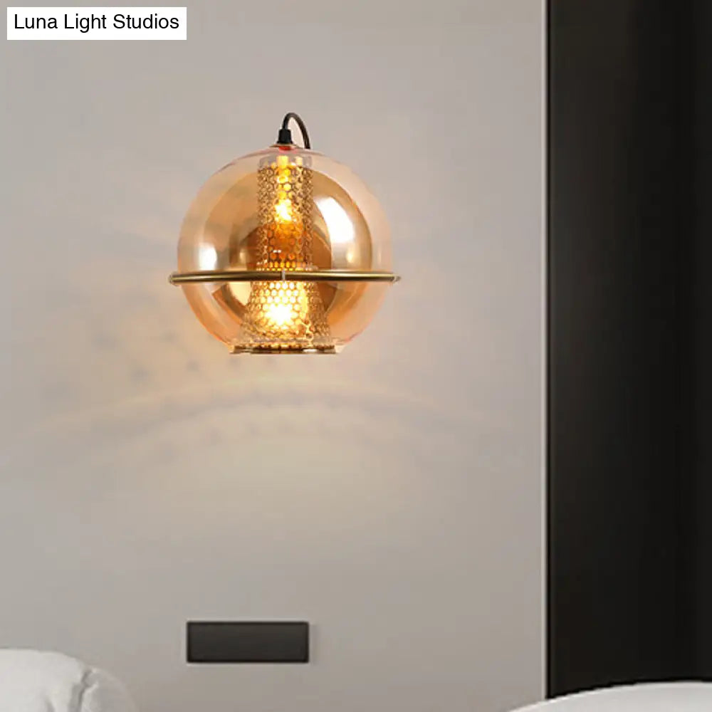 Modern Brass Sphere Wall Sconce With Cognac Glass - Bedside Light Fixture