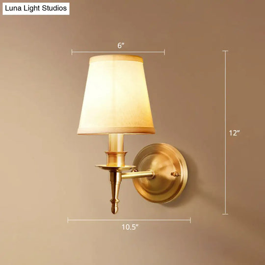 Modern Brass Taper Wall Lamp: Stylish Single-Bulb Fabric Sconce For Corridor