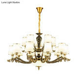Modern Brass Tapered Chandelier With White Glass Pendant Lighting For Living Room