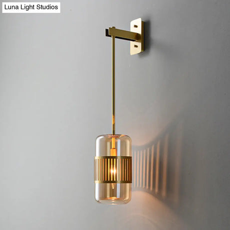 Modern Brass Wall Sconce Light With Glass Shade - Postmodern Cylindrical Fixture