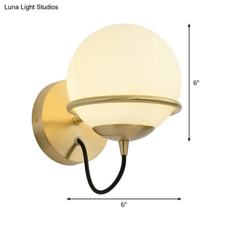 Modern Brass Wall Sconce Light With White Glass Shade - 1 Head Bedside Fixture