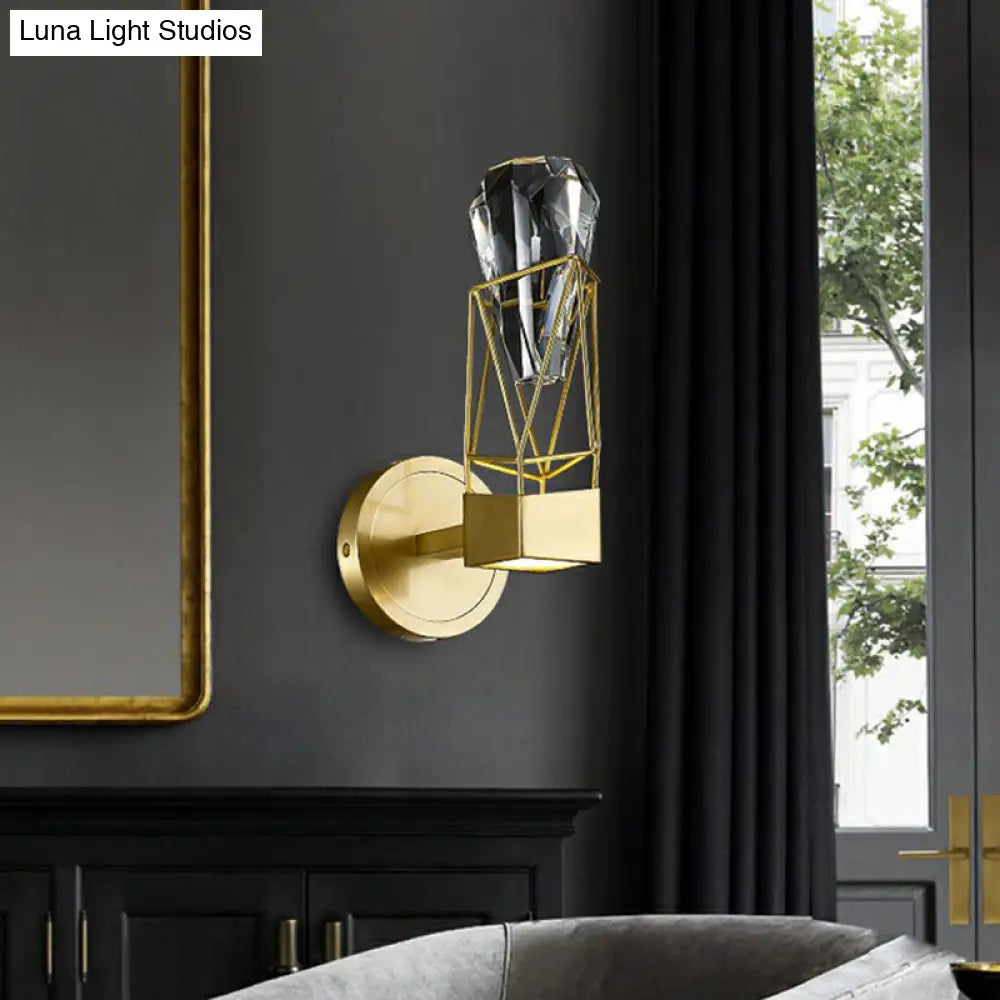 Modern Brass Wall Sconce With Crystal Rock Deco Metal Light Fixture