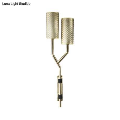 Modern Brass Wall Sconce With Cylindrical Metal Shade For Bedroom