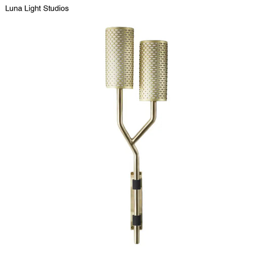 Modern Brass Wall Sconce With Cylindrical Metal Shade For Bedroom