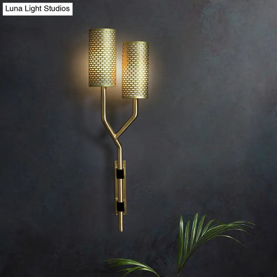 Modern Brass Wall Sconce With Cylindrical Metal Shade For Bedroom
