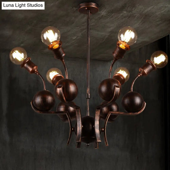 Bronze Loft Style Chandelier With 6-Head Hanging Light - Metal Ball Accent