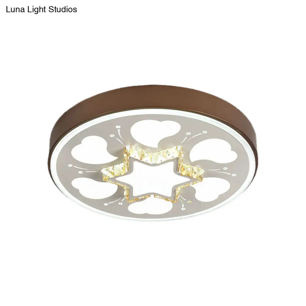Modern Brown/White Circle Flush Ceiling Light With Led Acrylic & Crystal In White - 3 Color