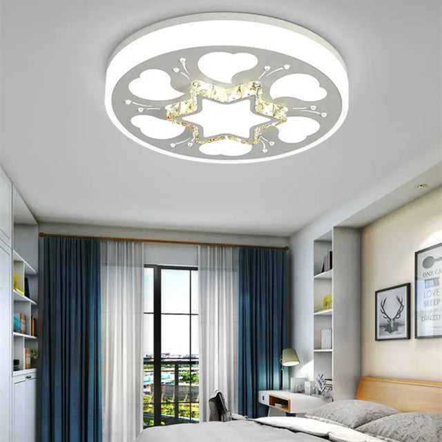 Modern Brown/White Circle Flush Ceiling Light With Led Acrylic & Crystal In White - 3 Color