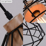Modern Caged Pendant Light With Wooden Cap - Black Ideal For Dining Room