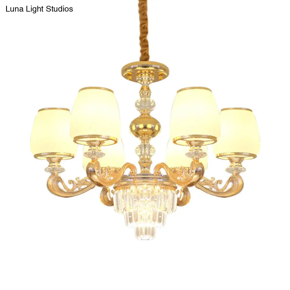 Modern Milk Glass Arm Chandelier With 6 Gold Crystal Bulbs - Elegant Bedroom Hanging Light