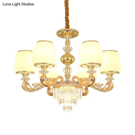 Modern Milk Glass Arm Chandelier With 6 Gold Crystal Bulbs - Elegant Bedroom Hanging Light