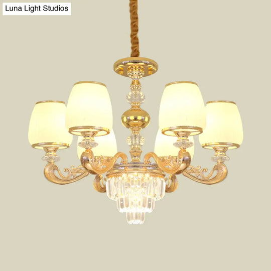 Modern Milk Glass Arm Chandelier With 6 Gold Crystal Bulbs - Elegant Bedroom Hanging Light