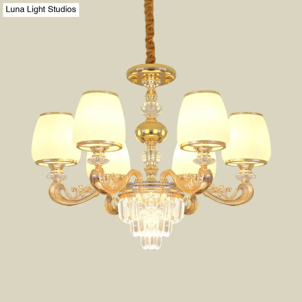 Modern Carved Arm Bedroom Chandelier: Milk Glass 6 Bulbs Gold Crystal Hanging Light