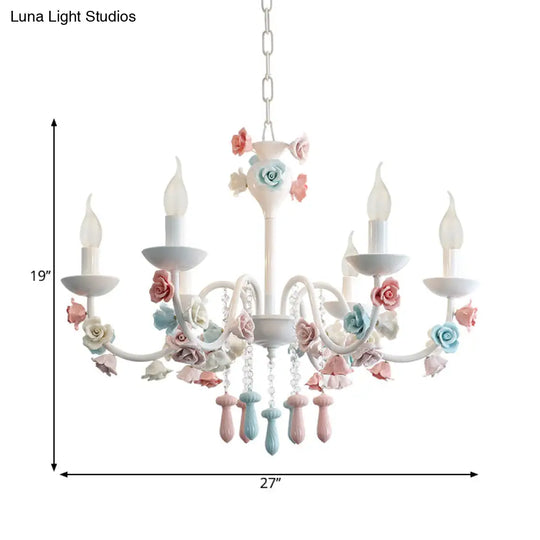 Modern Ceramic Chandelier Pendant Light - Candle Style White Finish With Rose Decoration