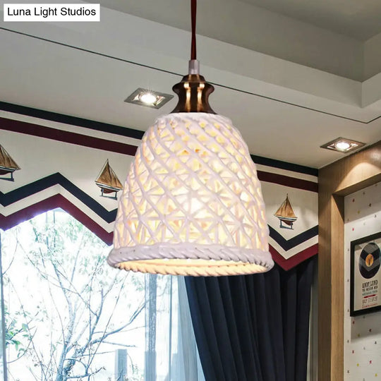 Modern Ceramic Pendant Lamp For Restaurants - Stylish Domed Basket Design 1 Head Hanging Light
